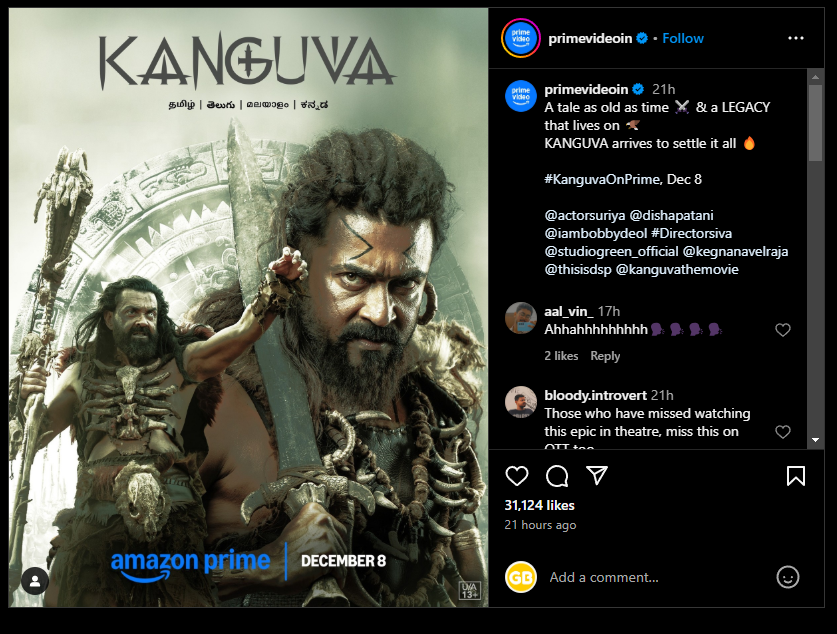 Suriya's 'Kanguva' Set for Early OTT Release on Amazon Prime Video
